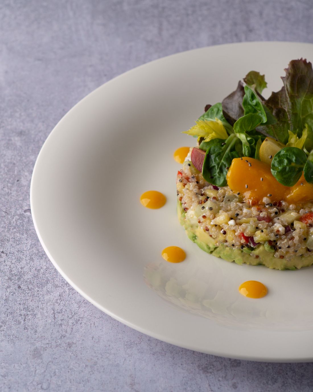 Salade gastronomique de quinoa, avocat et mangue, jeunes pousses